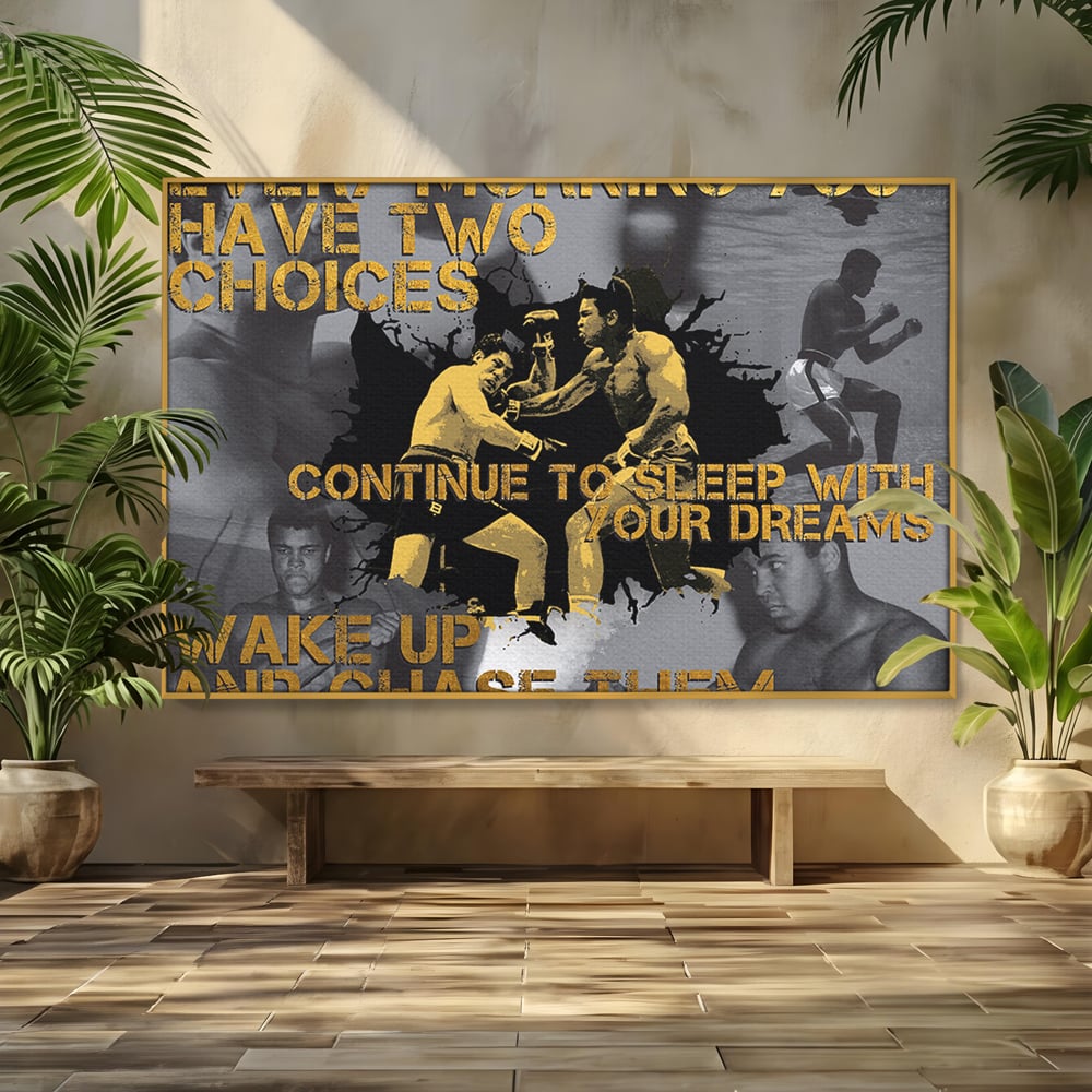 Tablou canvas cu tablou canvas motivational cu muhammad ali, in rama de aluminiu auriu